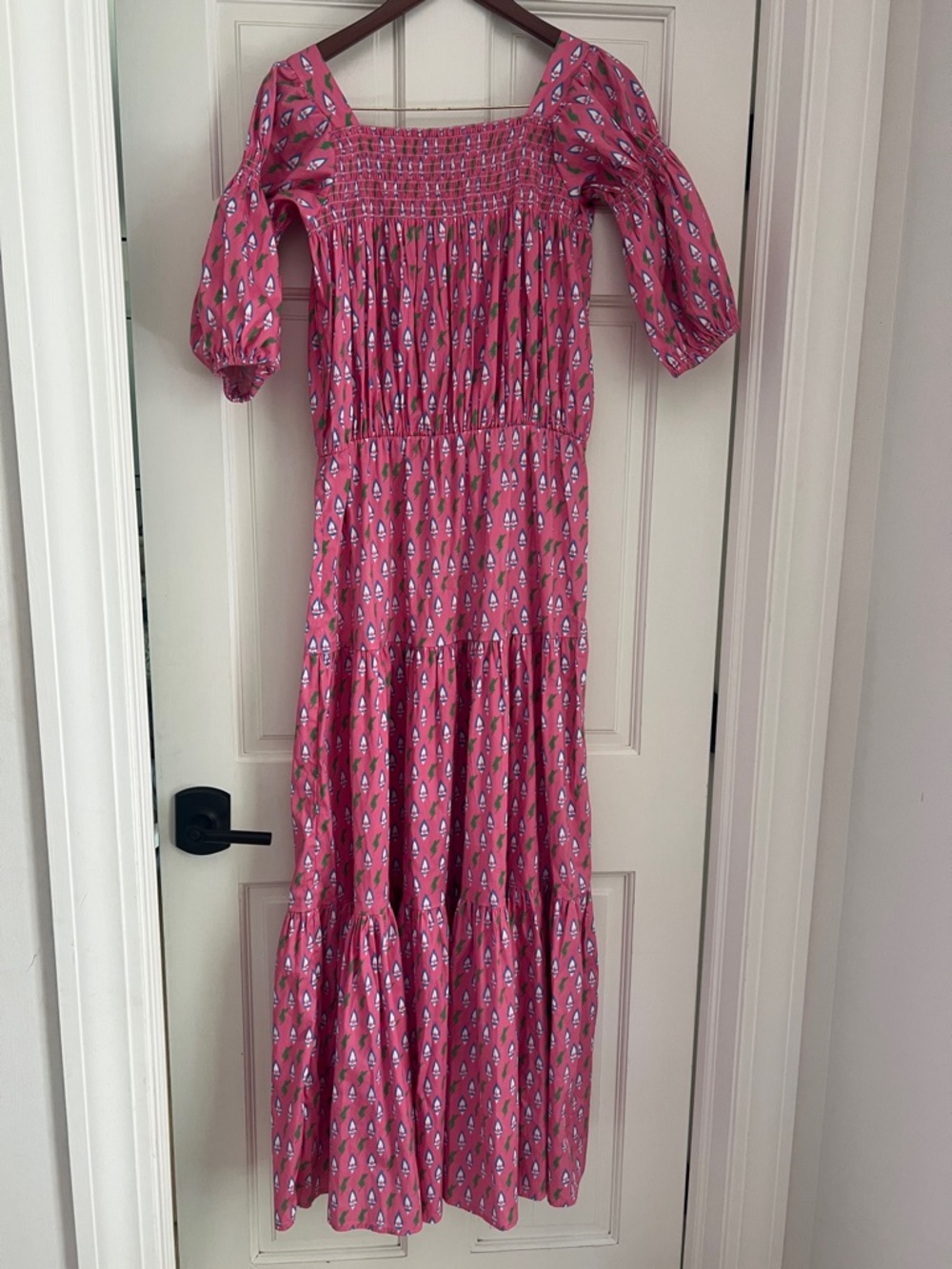 Sheridan French Woman’s Pink Smocked Maxi Dress with Boatneck Size Small